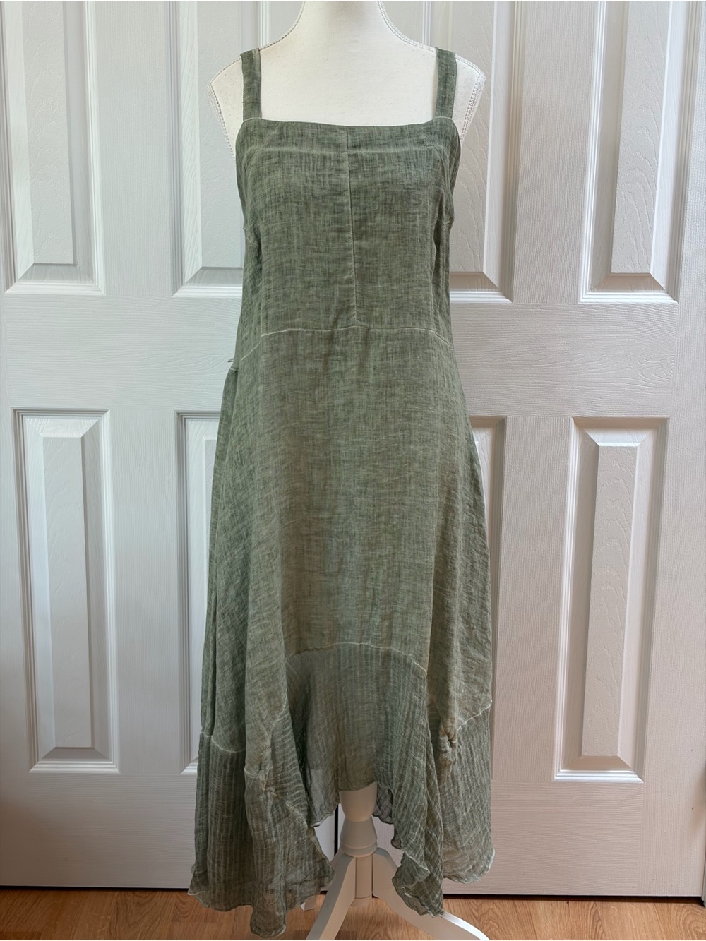 Inizio Sage Green Linen Square Neck Thin Strap Sundress Size L